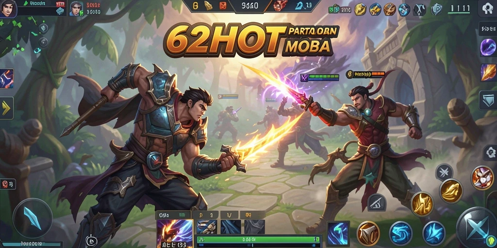 Tampilan seru gameplay MOBA di 62HOT dengan aksi karakter.