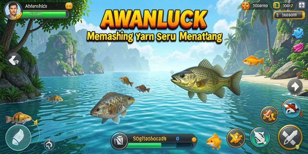 Screenshot gameplay AWANLUCK menampilkan serunya aktivitas memancing di lokasi indah.