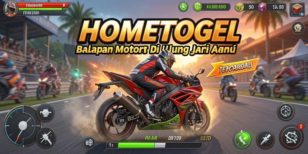 Tangkapan layar gameplay HOMETOGEL dengan motor balap di lintasan.