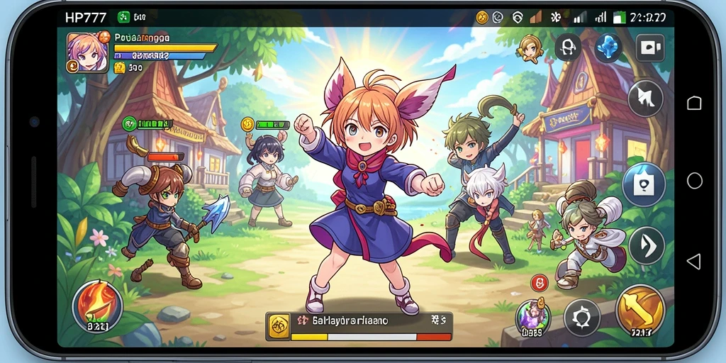 Tampilan gameplay HP777 yang penuh warna dan karakter anime menarik.