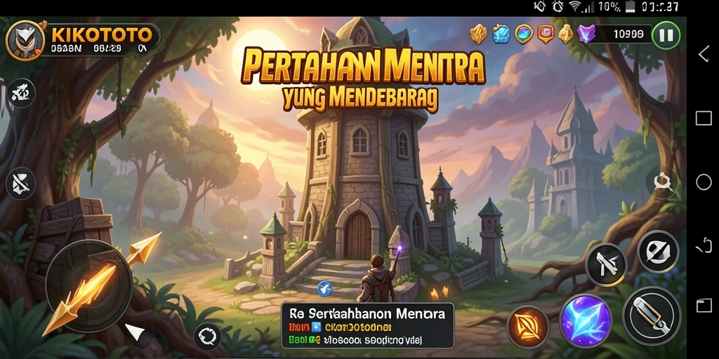 Screenshot KIKOTOTO menampilkan serangan menara yang epik dalam Tower Defense.
