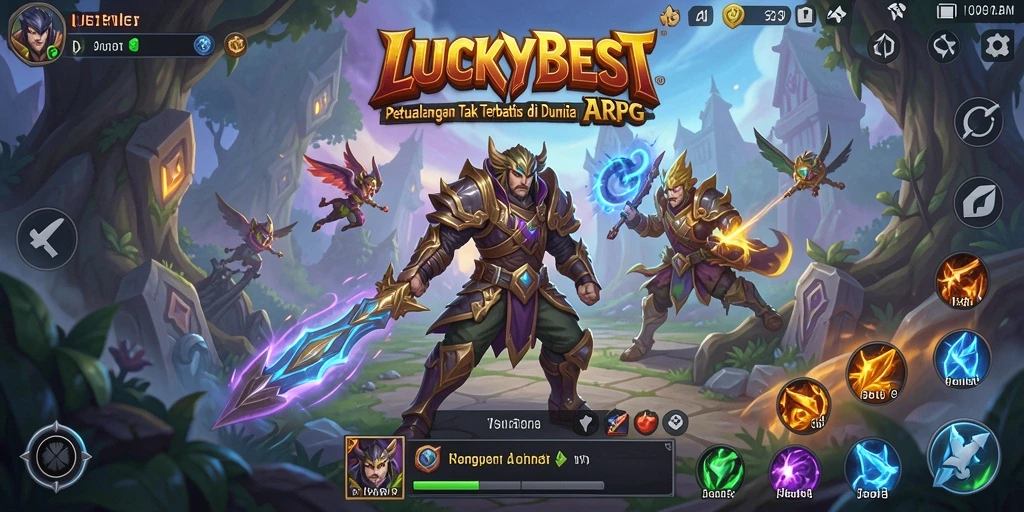 Tangkapan layar gameplay <strong>LUCKYBEST</strong> yang menunjukkan pertarungan epik di dunia fantasi.