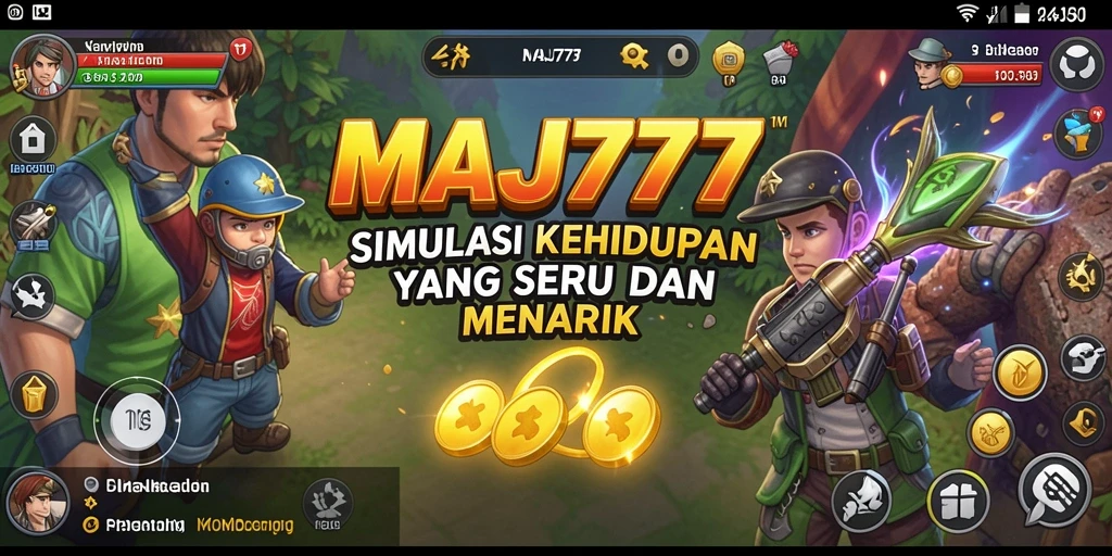 Screenshot utama MAJ777 menampilkan karakter dalam kehidupan sehari-hari yang seru.