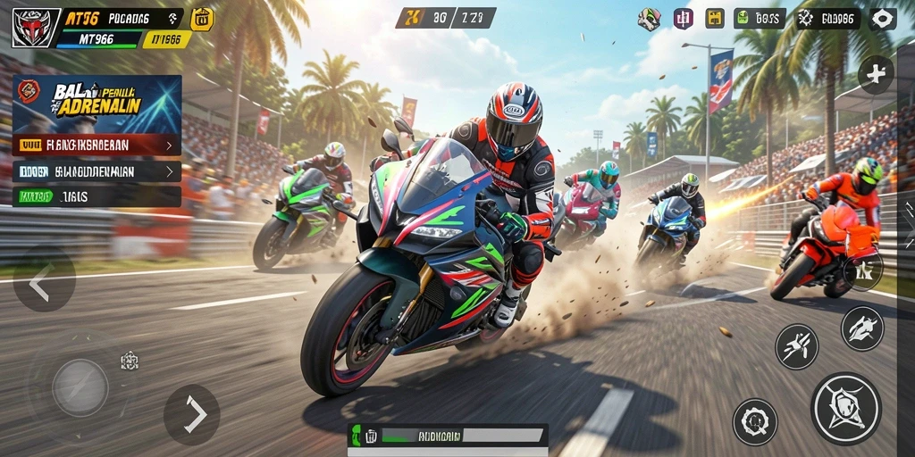 Screenshot gameplay MT966 menampilkan balapan motor yang intens dan mendebarkan.