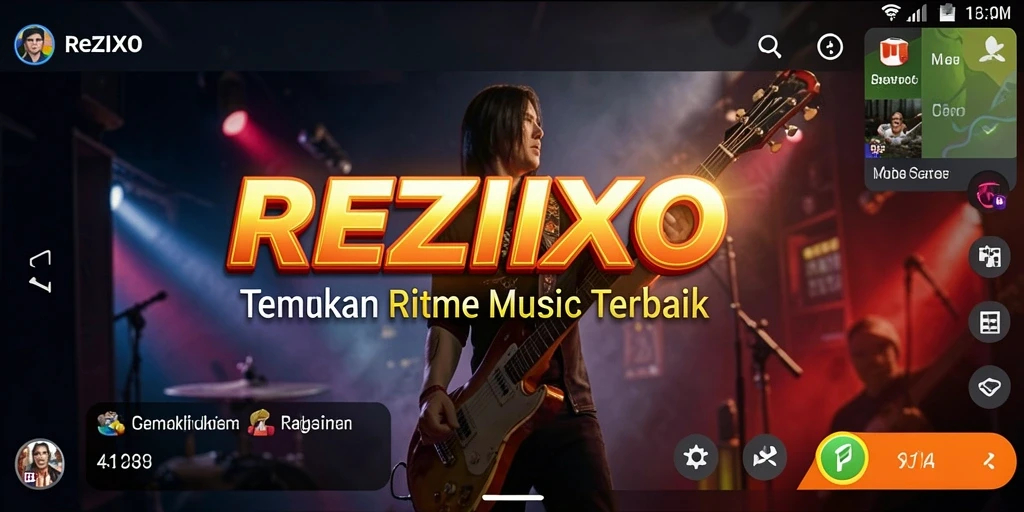 Tangkapan layar utama REZIXO menampilkan interaksi seru dengan musik.