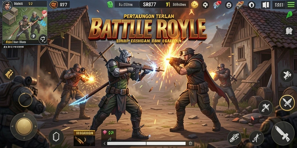 Screenshot gameplay SR877 menampilkan pertempuran sengit di arena Battle Royale.