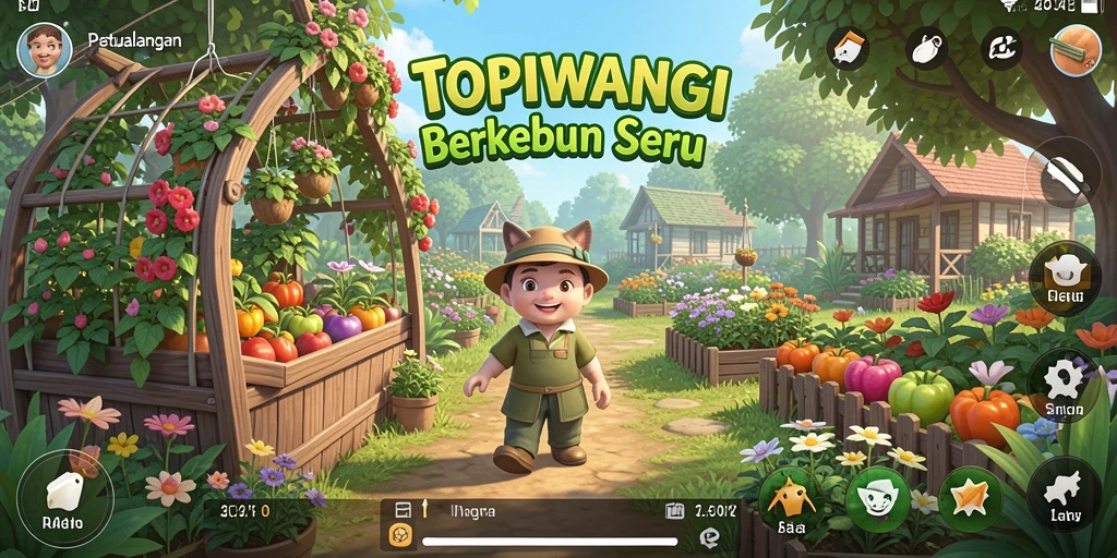 Tampilan gameplay menyenangkan di TOPIWANGI dengan ladang yang rimbun.