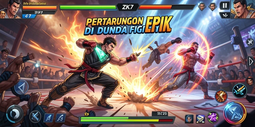 Screenshot gameplay ZK7 menampilkan pertarungan seru karakter bertarung.